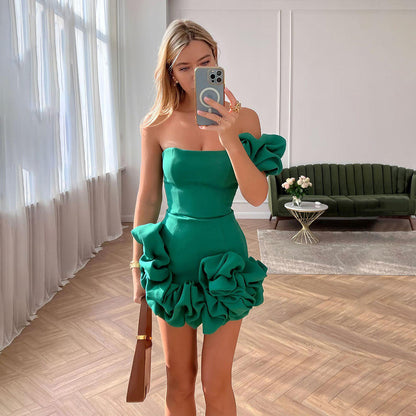 Fashion One-shoulder One-shoulder Dress Sexy Slim Ruffled Flower-bud Design Short Dress For Evening Party Womens Clothing Limorista