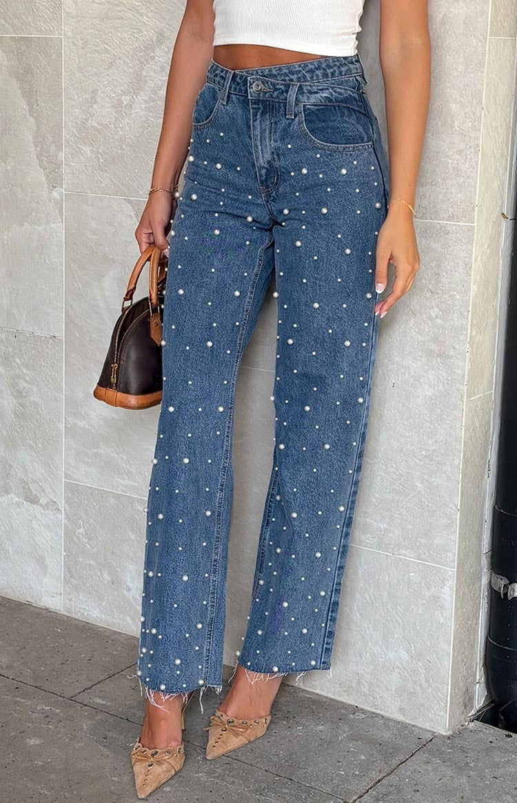 Oblique Waist Cross Beaded Straight-leg Frayed Hem Jeans Limorista