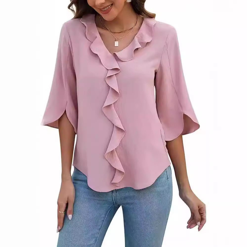 Lady Literature Leisure Commute All-matching Loose All-matching V-neck Flounce Shirt Limorista