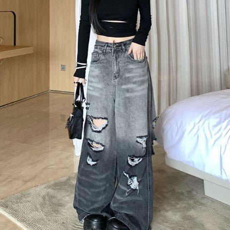 Gradient Color Big Ripped Hot Girl Wide Leg Jeans For Women Limorista