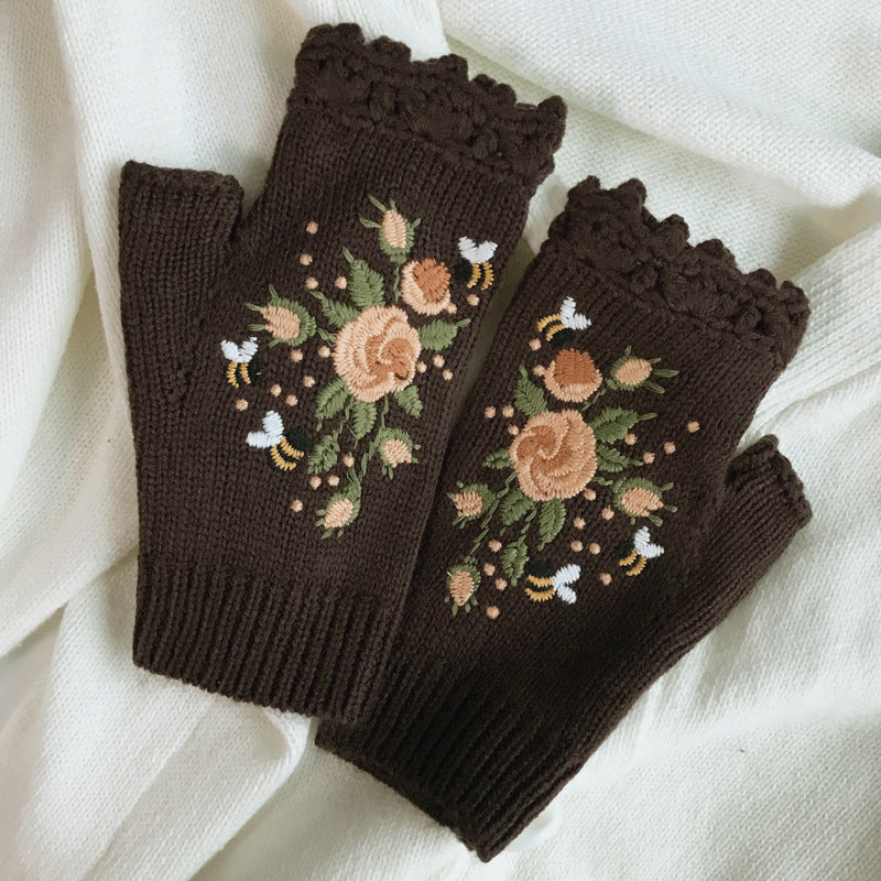 Embroidered Ladies Warm Gloves Bee Floral Knit Limorista