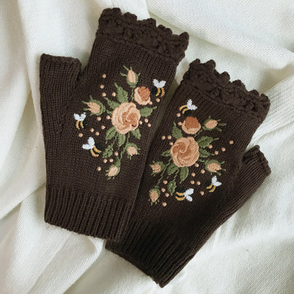 Embroidered Ladies Warm Gloves Bee Floral Knit Limorista