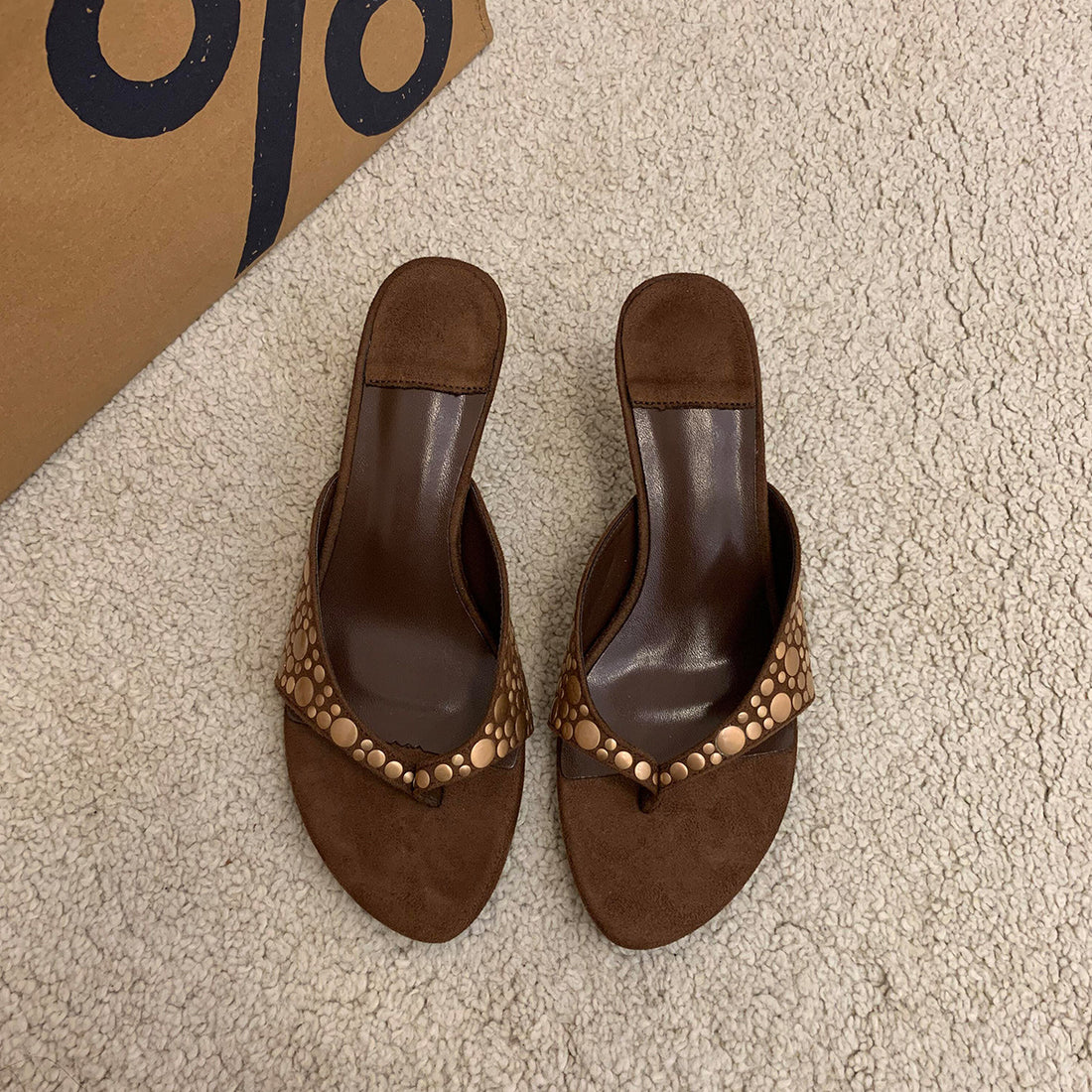 Retro Rivet Suede Stiletto Heel Flip-flops Women&