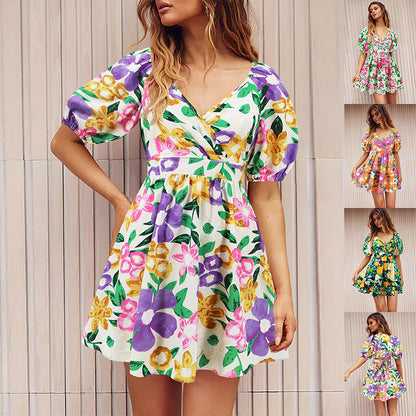 Flowers Print V-Neck Lantern-sleeve Dress Y2K Summer Vacation Beach Short Dresses Fashion Womens Clothing Limorista
