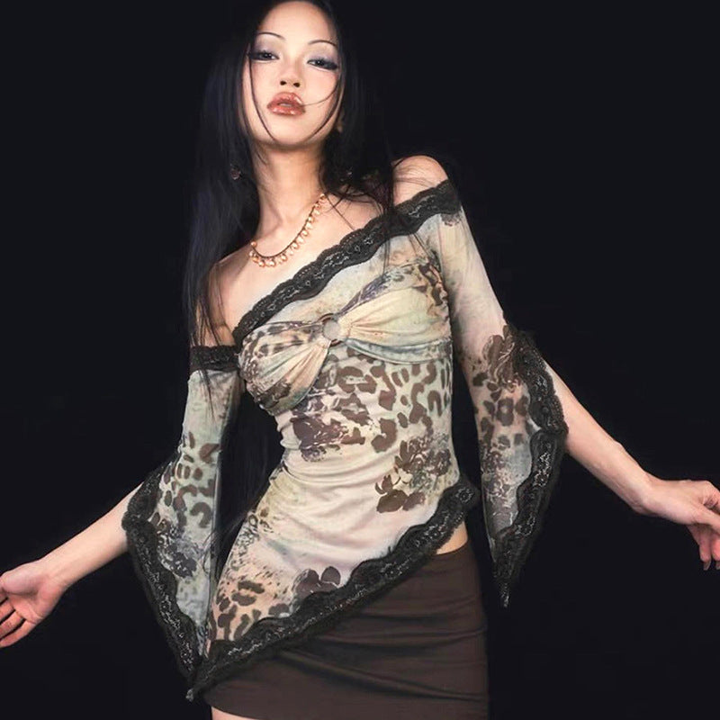 American Retro Asymmetric Lace Design Off-shoulder Buckle Top Limorista