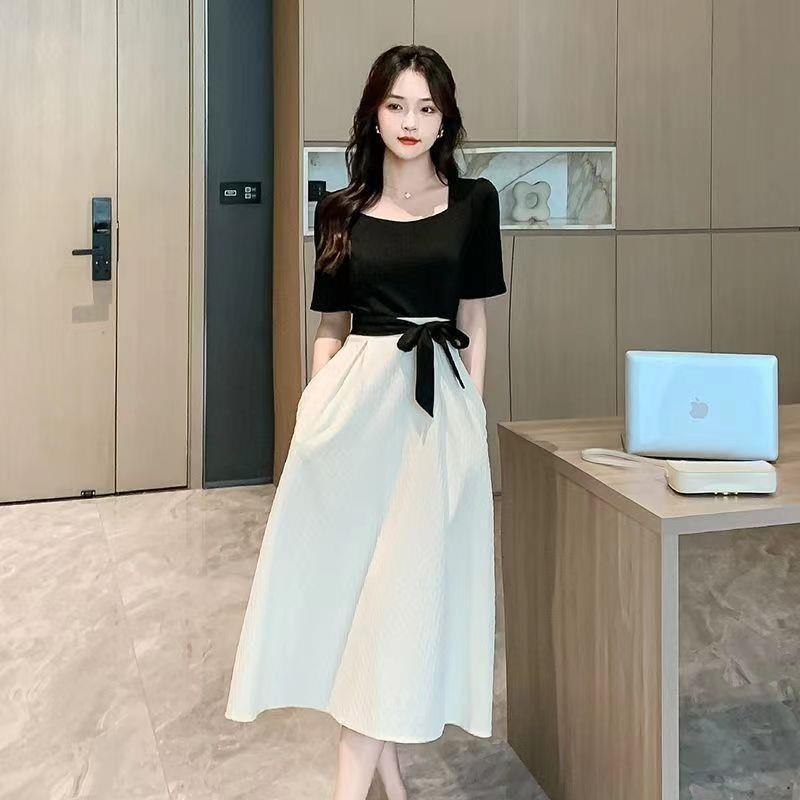 Square-neck Cinched Slimming Patchwork Niche Long Skirt Limorista