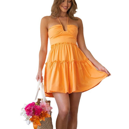 Chest-wrapped Pleated High Waist Pure Color Temperament Commute Dress Limorista