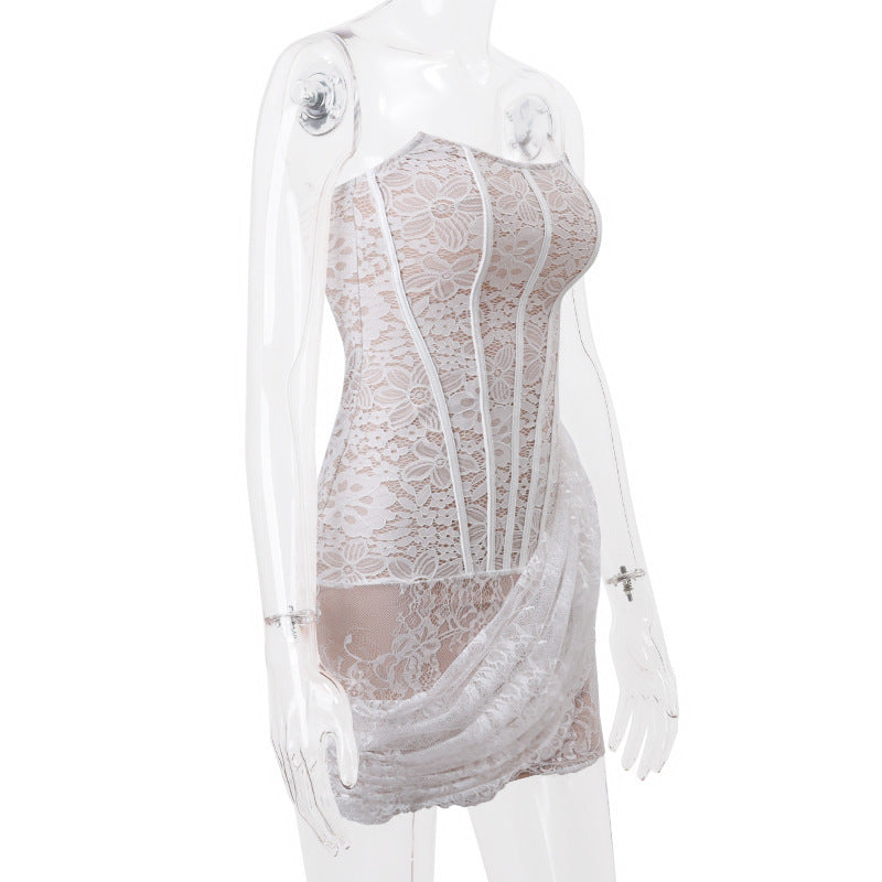 Strapless Lace Dress Party Women Fashion And Sexy Slim Skirt With Back Lace-up Design Limorista