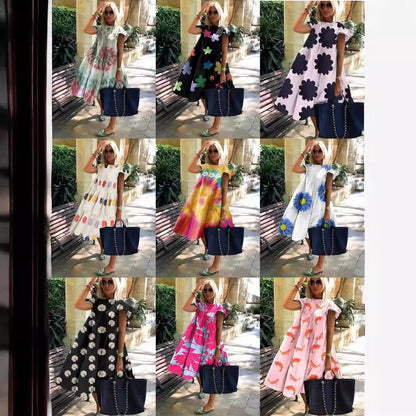 Foreign Trade Cross-border Sweet Holiday Floral Print A- Line Dress Limorista
