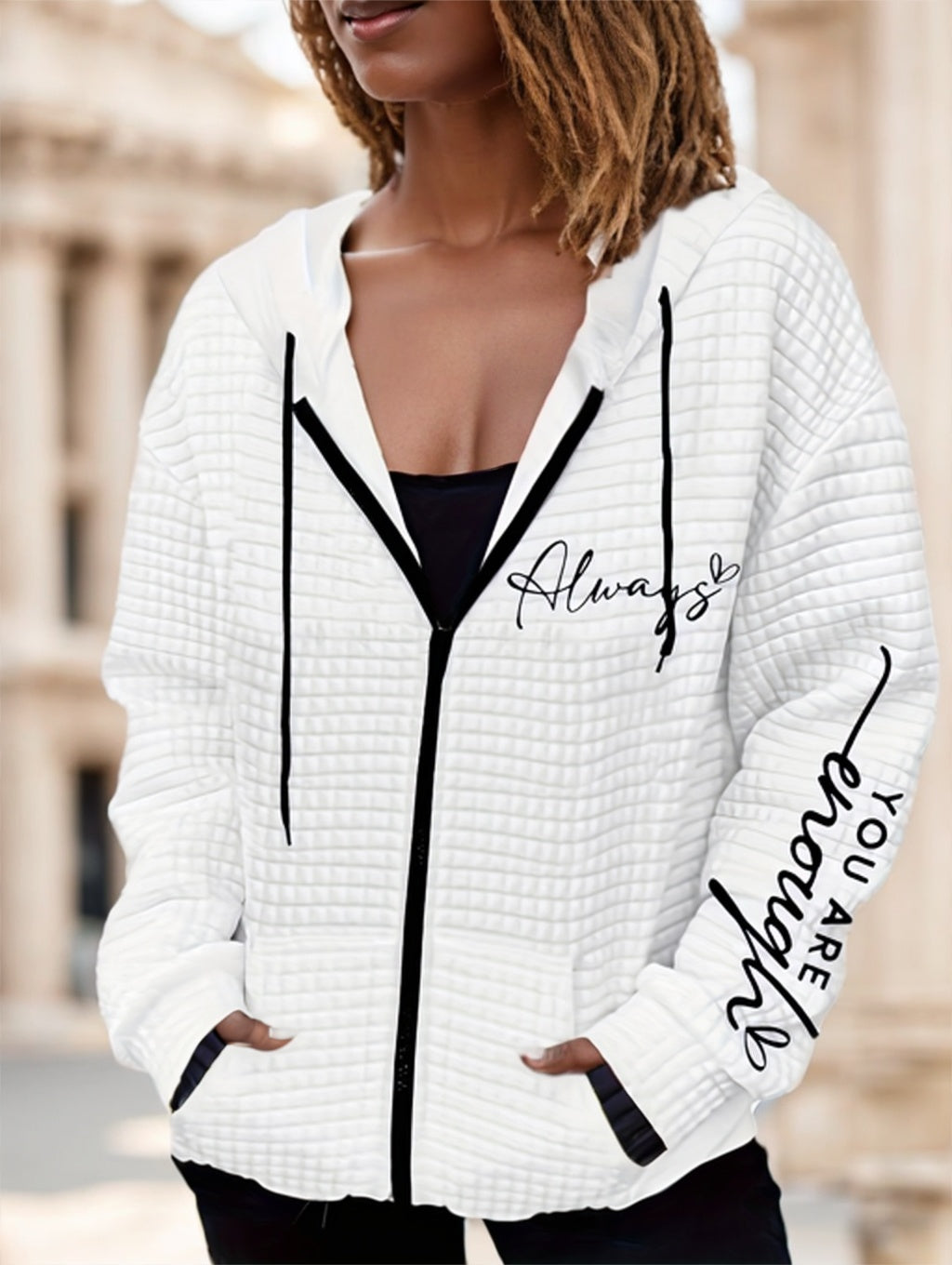 Letter Print Zipper Dual Pockets Hoodie Limorista