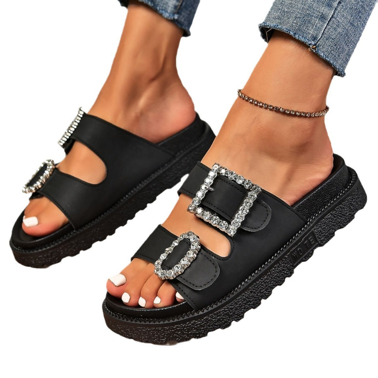 Fashion Rhinestone Belt Buckle Platform Sandals Limorista