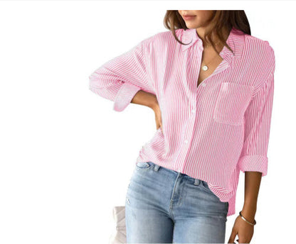 Striped Loose Casual Long Sleeves Shirt For Women Limorista