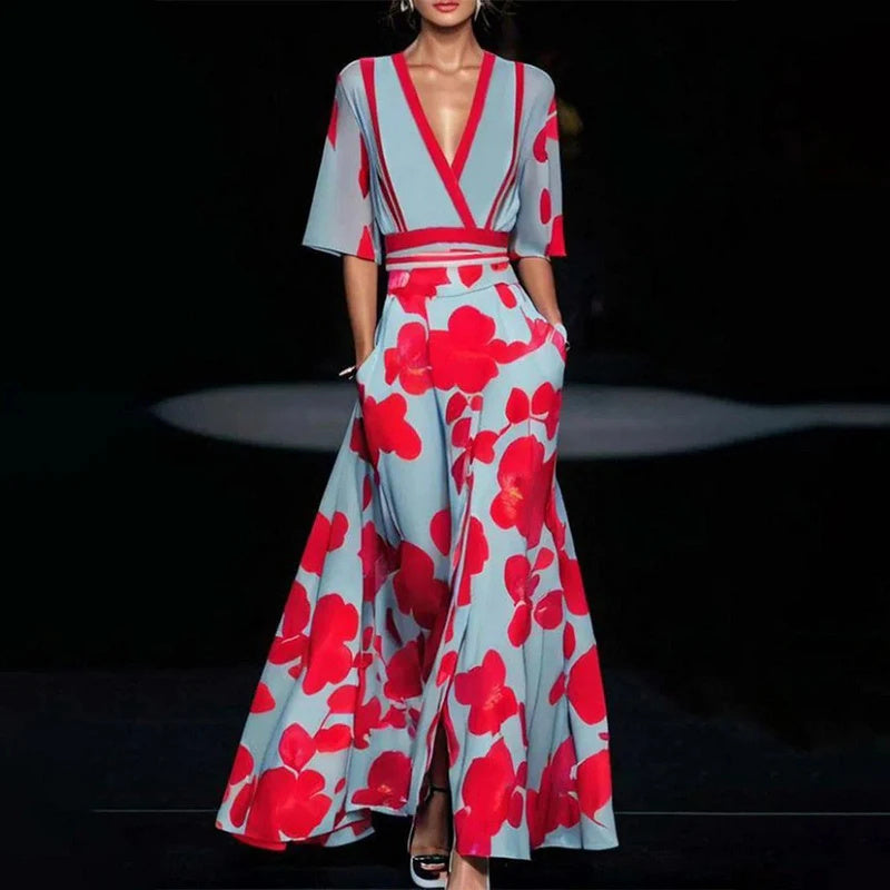 Summer V-neck Split Short-sleeved Dress Fashion Flower Print A-line Long Dresses Party Club Beach Clothing For Women Limorista
