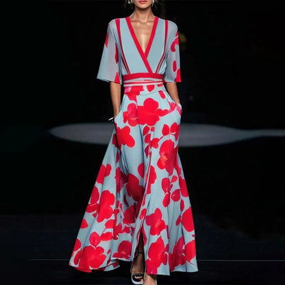 Summer V-neck Split Short-sleeved Dress Fashion Flower Print A-line Long Dresses Party Club Beach Clothing For Women Limorista