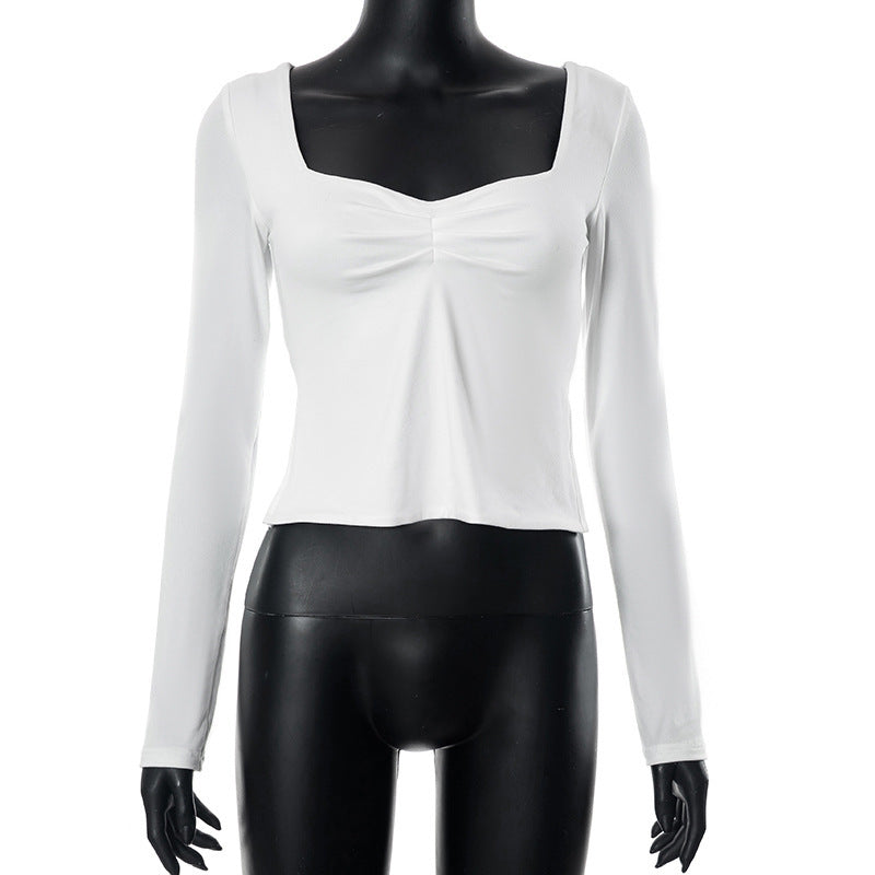 Autumn Ins New Solid Color Square Collar Long Sleeve Pleated Side Slit Top T-shirt For Women Limorista