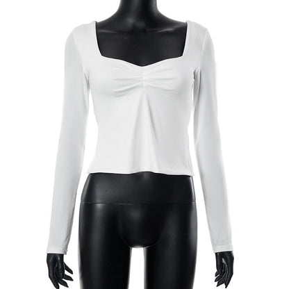 Autumn Ins New Solid Color Square Collar Long Sleeve Pleated Side Slit Top T-shirt For Women Limorista