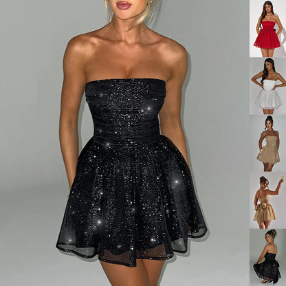 Tube Top Lace Dress With Back Bow-knot Summer Fashion Temperament Mesh Stitching Off-neck Short Skirt Limorista