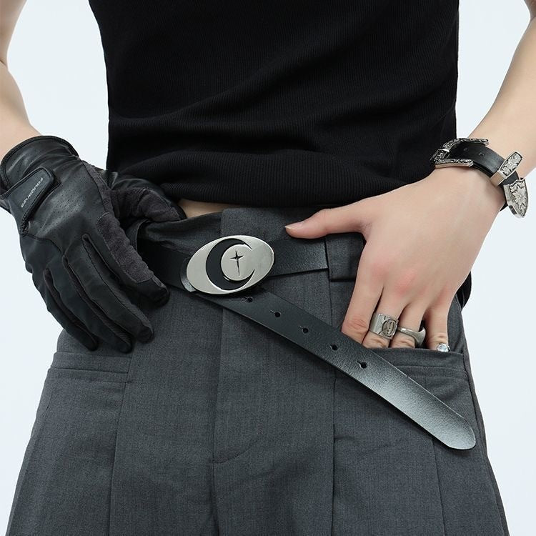 Personalized Distressed Metal Oval Moon Snap Button Decoration Belt Limorista