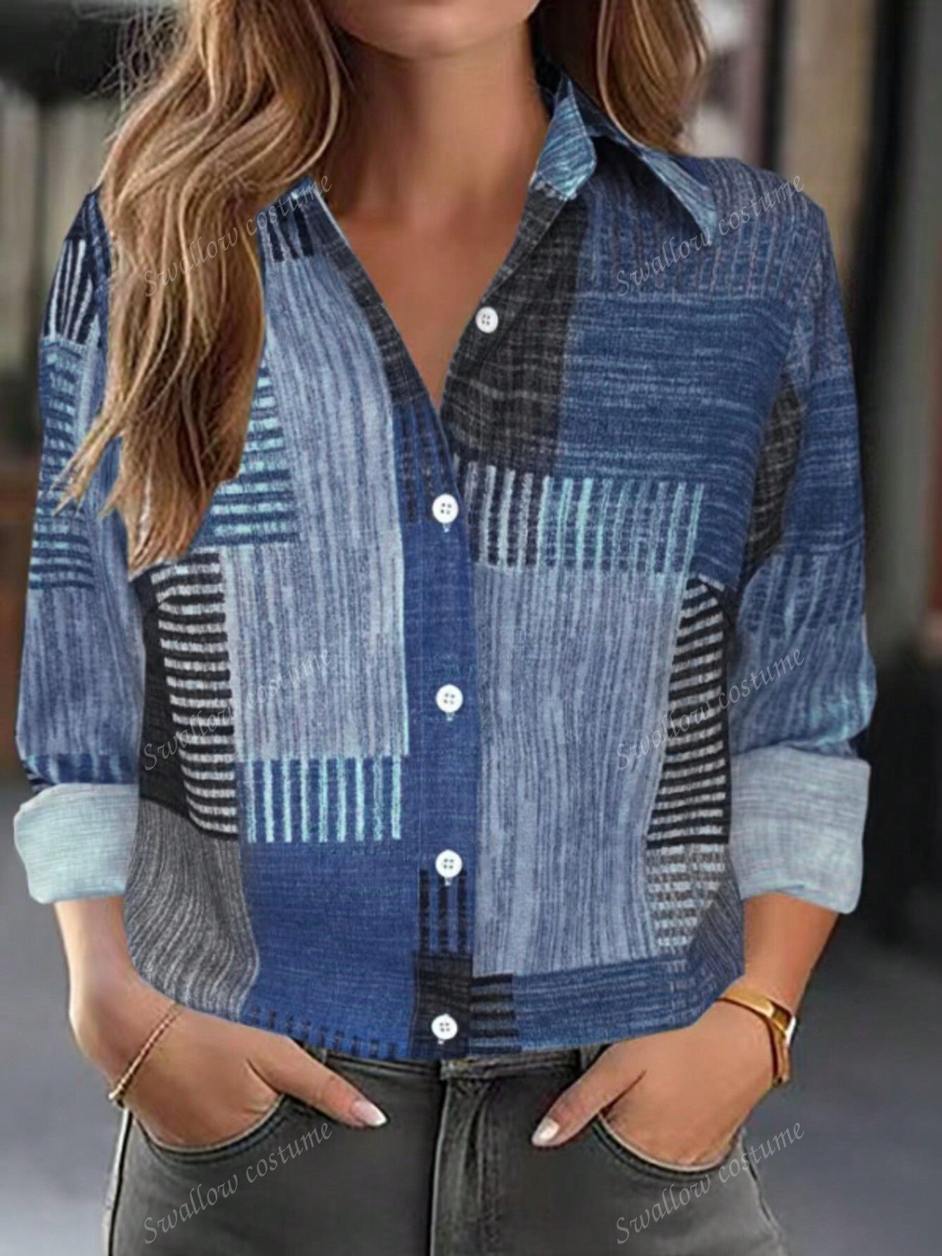 Color Block Button Print Long Sleeve Casual Retro Shirt Limorista