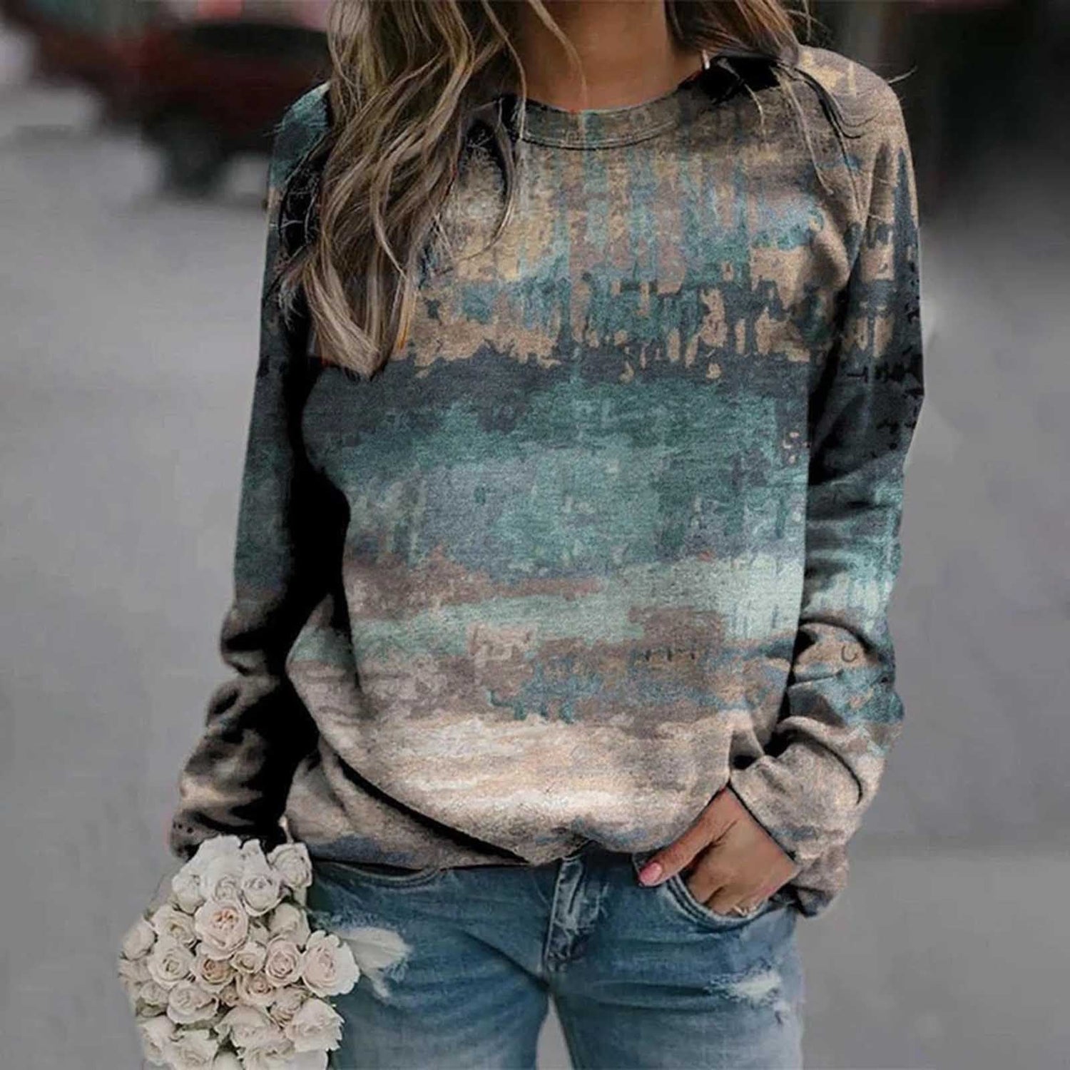 Rendering 3D Digital Printing Long Sleeve Loose Round Neck Sweater Limorista