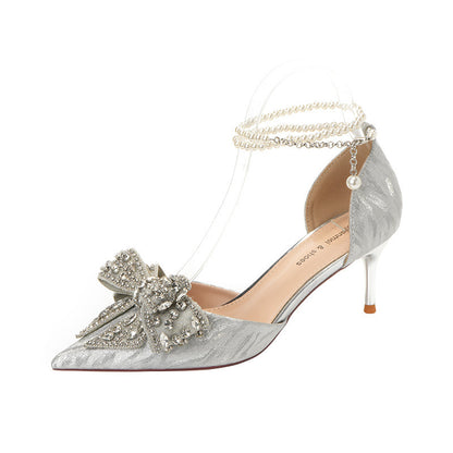 Rhinestone Bow Pointy Hollow Pearl Heels Limorista