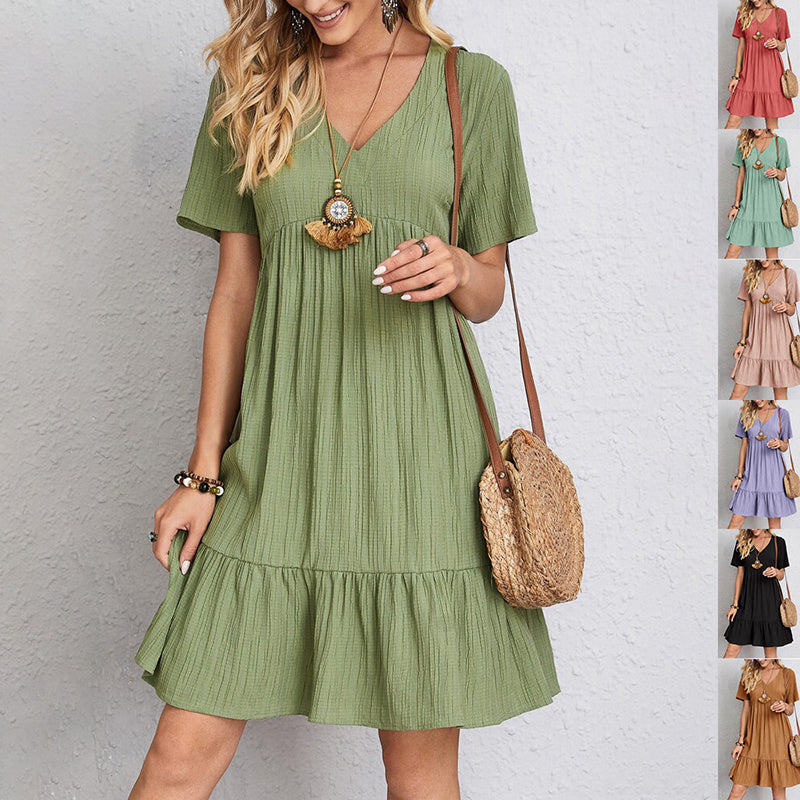 V-neck Short Sleeve Dress Summer Fashion Casual Loose Ruffled Dresses Beach Clothing Women Limorista