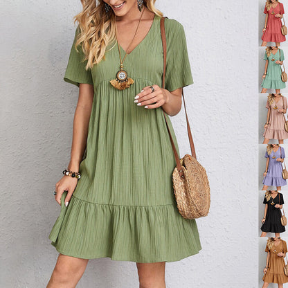 V-neck Short Sleeve Dress Summer Fashion Casual Loose Ruffled Dresses Beach Clothing Women Limorista
