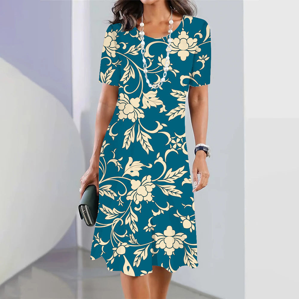 3d Floral Blue Printed Round Neck Fashion Party Dress Limorista
