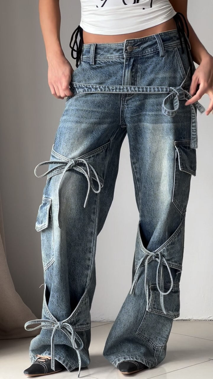 Denim Utility Jeans With Knot - Tied Elements Limorista
