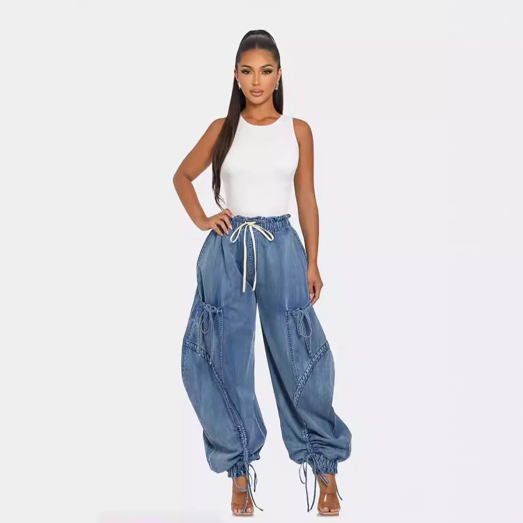 Rope Adjustable Elastic Waist Drawstring Lace-up Ankle-tied Bow Loose Jeans Limorista