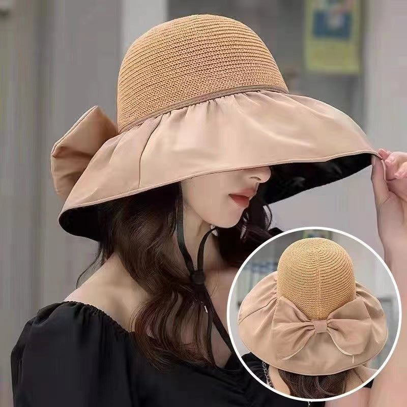 Summer Straw Sunhat With Large Brim And Big Bow Anti-UV Fisherman Hat Outdoor Sunshade And Face Protection Hat Limorista