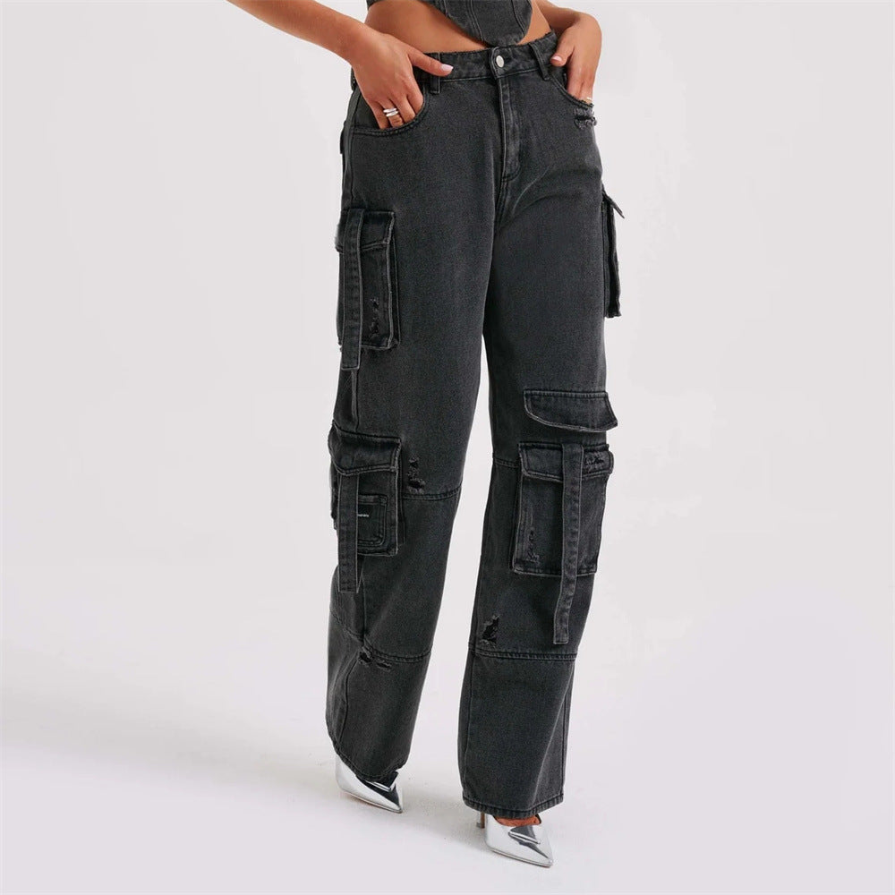 2Pcs Denim Suits Summer Sexy Backless Tube Top And Multi-pocket Straight Trousers Fashion Long Pants Suit Womens Clothing Limorista