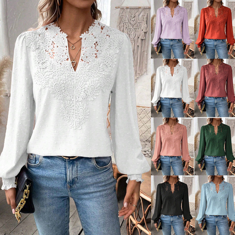 Limorista - Lace Solid Color Long Sleeve Casual Women&