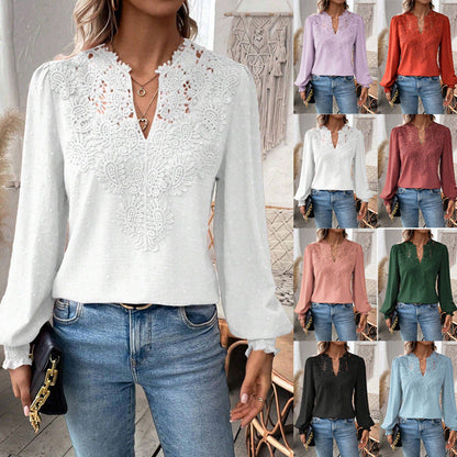 Lace Solid Color Long Sleeve Casual Women&