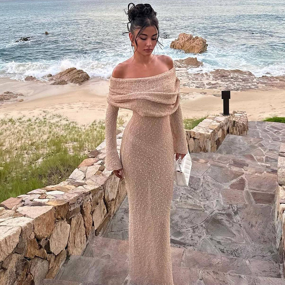 New One-shoulder Knitted Long-sleeved Dress Sexy Beach Holiday Long Dresses Womens Clothing Limorista