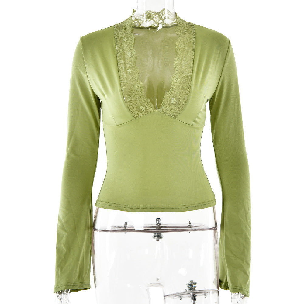 Bottoming Shirt Long Sleeve Slim Fit V-neck Stitching Lace Lace-collared Blouse Limorista
