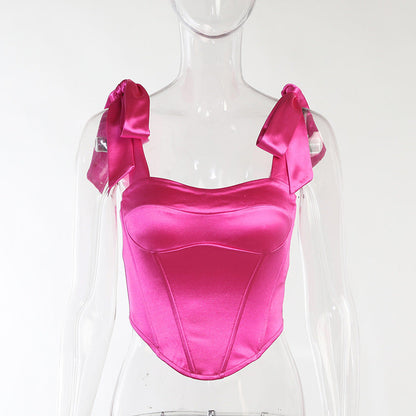 Satin Corset Backless Lace Up Top Womens ML21243 Word Neck Vest Limorista