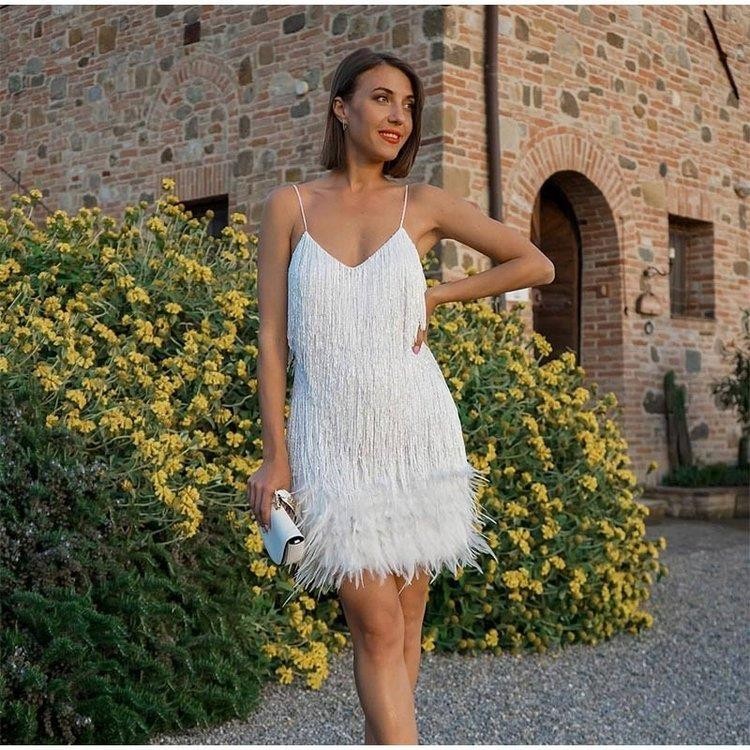 Sexy Tassel Sequins Feather Summer Mini Dress Women V Neck Spaghetti Strap Stitching Dresses Female Elegant Evening Party Club Dress Limorista