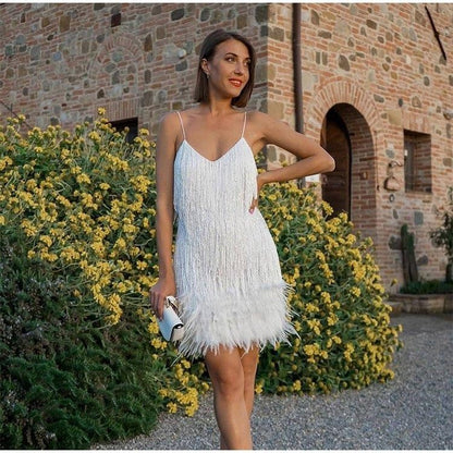 Sexy Tassel Sequins Feather Summer Mini Dress Women V Neck Spaghetti Strap Stitching Dresses Female Elegant Evening Party Club Dress Limorista