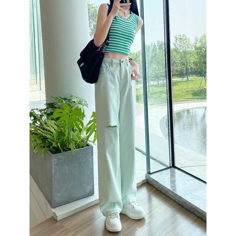 Summer Thin Mint Green Ripped Wide-leg Jeans For Women High Waist Loose Slim Straight Pants Limorista