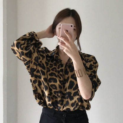 Vintage Leopard Print Loose Long Sleeve Shirt Limorista