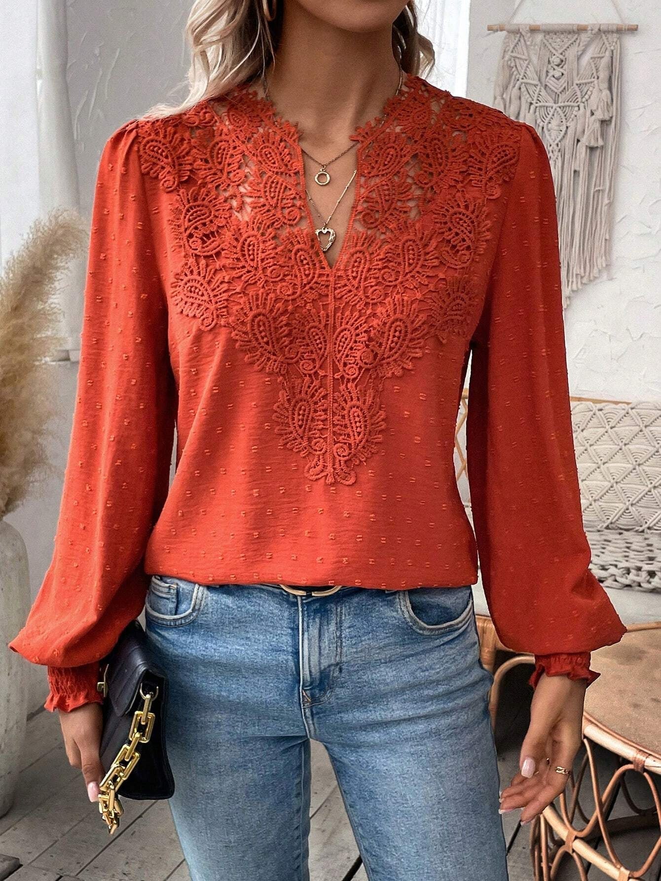 Lace Solid Color Long Sleeve Casual Women&