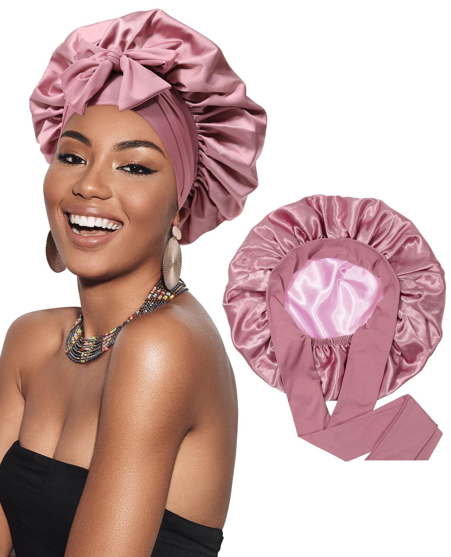 Double-layer Satin Ribbon Round Cap Bow Artificial Silk Beauty Hair Care Wide-brimmed Hat Limorista