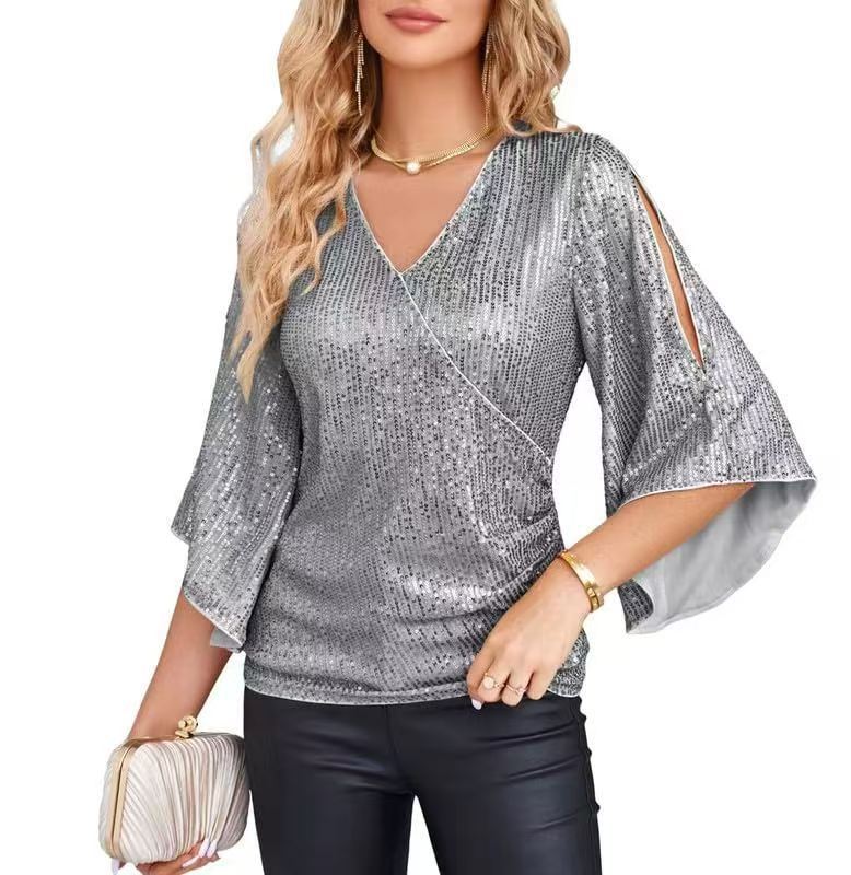 Loose Mid-length Sequined T-shirt Women&