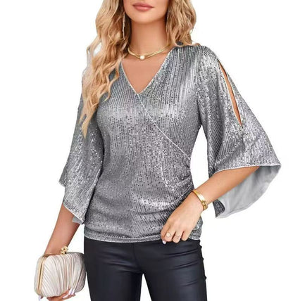 Loose Mid-length Sequined T-shirt Women&
