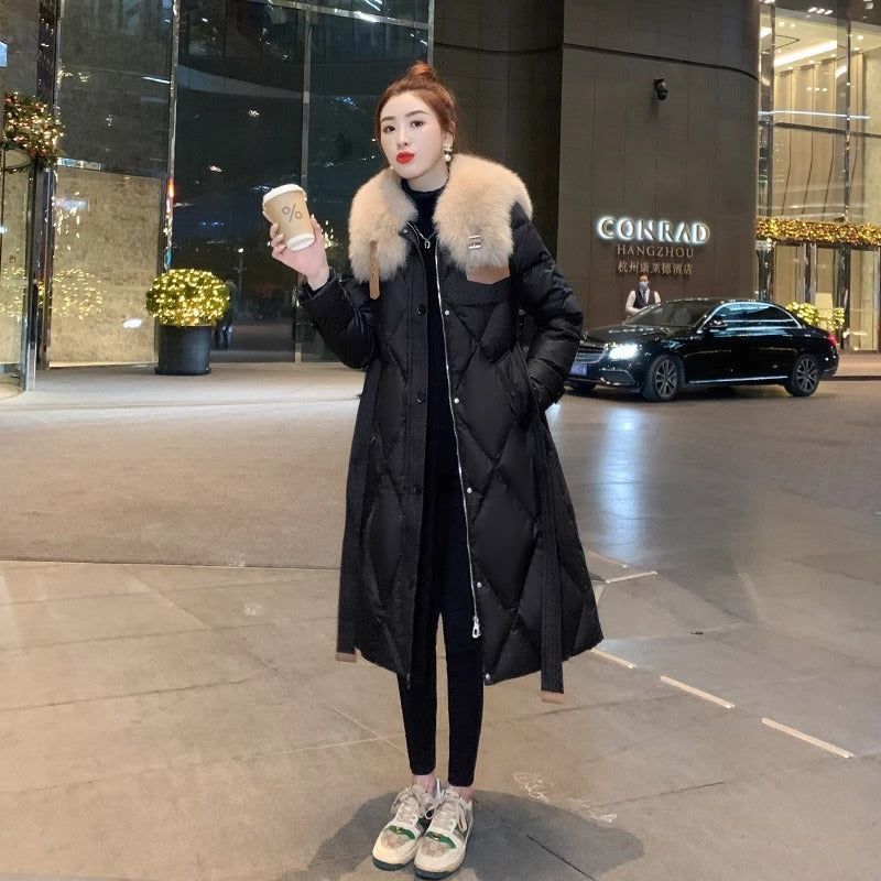 White Duck Slim Fit Down Jacket Women Overknee Mid-length Big Fur Collar Coat Limorista