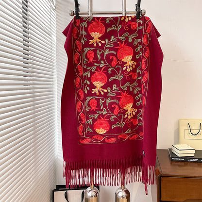 Contrast Color Pomegranate Leaf Embroidered Double-sided Shawl Limorista