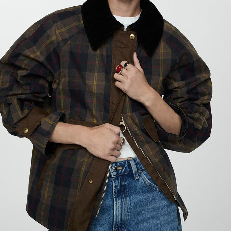 Autumn And Winter Plaid Fur Collar Cotton-padded Coat Limorista