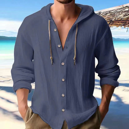 Cotton And Linen Shirt Hooded Sweater Button Long Sleeve Limorista