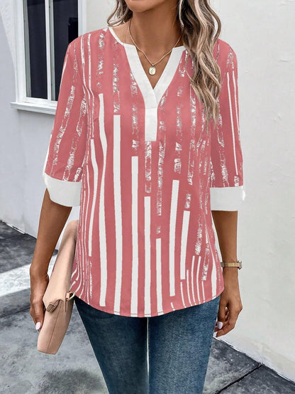 Double Matching Contrast Color Positioning Flower Half-sleeve Shirt Women&